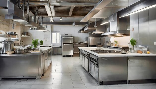 State-of-the-art empty restaurant kitchen featuring modern professional equipment, stainless steel counters, and industrial appliances designed for high-capacity culinary operations and