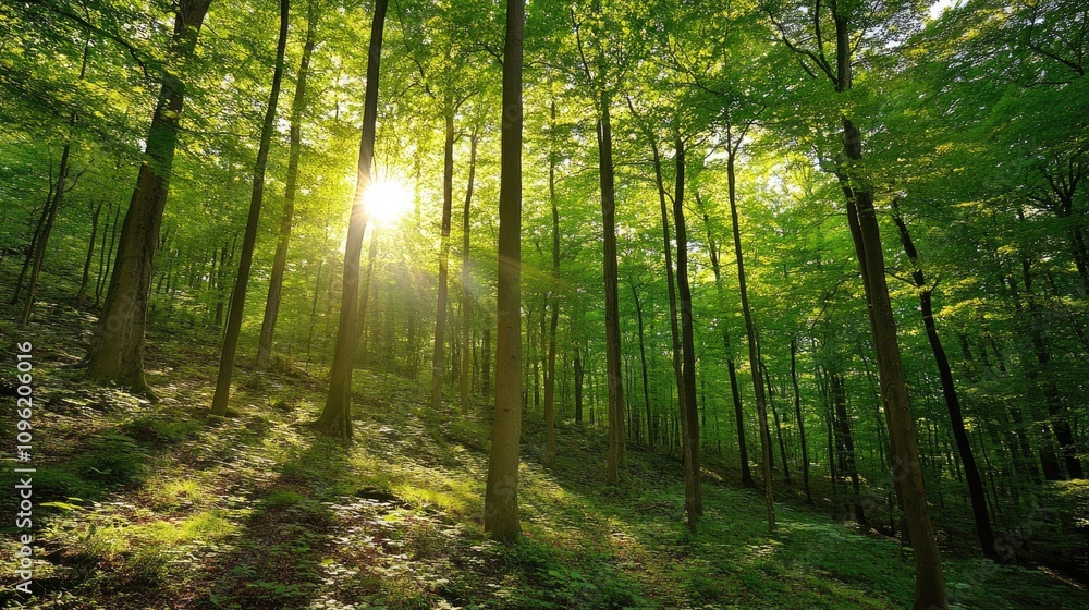 Poster sunlight streams through lush green trees in a dense forest, illuminating the hillside with a serene