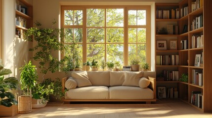 Sunlit Living Room with Bookshelves and Plants