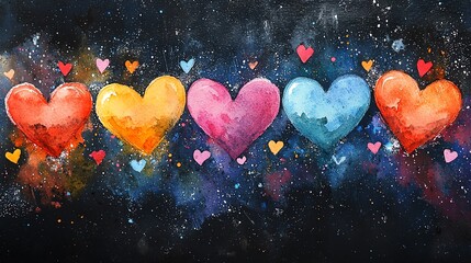 Watercolor fireworks shaped like stars and hearts, in vibrant colors, on a dark sky background