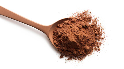 cacao and chocolate powder and spoon isolated on white background