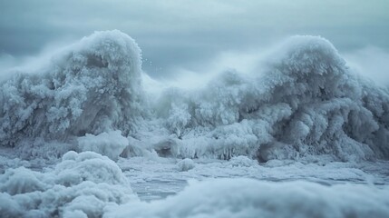 Obraz premium Dramatic Ocean Waves Crash in Churning White Foam Under Cloudy Sky Capturing the Raw Power and Beauty of Nature's Elements in an Isolated Seascape Setting