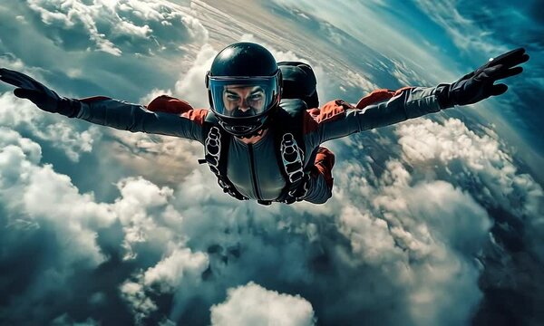 A skydiver free-falling through clouds, arms spread wide, enjoying the thrill of the jump.
