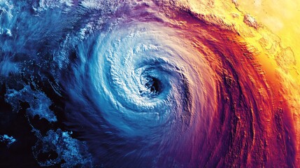 Naklejka premium Stunning Aerial View of a Powerful Hurricane with Swirling Cloud Patterns and Vibrant Colors from Space, Capturing the Magnitude and Beauty of Nature's Fury