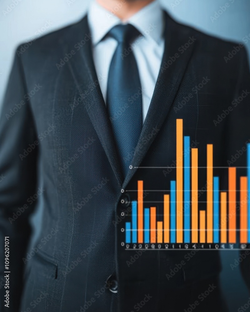 Poster a professional individual in a suit stands before a graphical representation of data, emphasizing bu