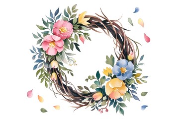 Transparent floral wreath with pastel watercolor flowers.