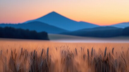 Serene Landscape of Golden Wheat Fields at Dawn with Majestic Mountain in Background and Soft Pastel Colors Illuminating the Sky