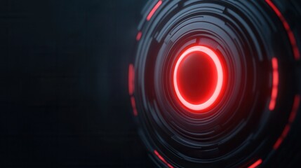 A futuristic design featuring a glowing red circle surrounded by dark, circular patterns, evoking a high-tech and digital ambiance.