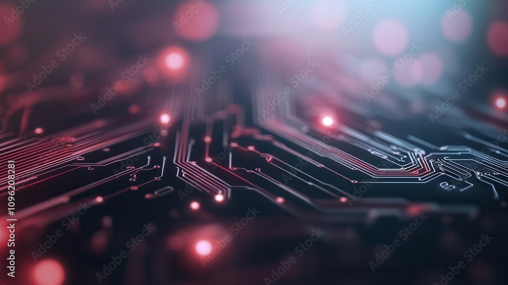 Poster a close-up view of a circuit board with intricate patterns and glowing red lights, showcasing modern