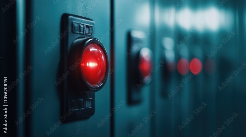 Poster a close-up of illuminated red buttons on dark equipment, evoking a sense of technology and alertness