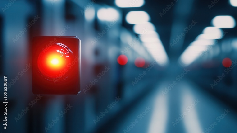 Poster a close-up of a red signal light in a dimly lit environment, conveying a sense of warning or stop in