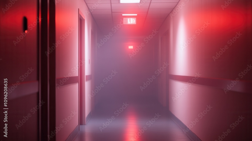 Poster a dimly lit hallway is shrouded in red fog, creating a mysterious and eerie atmosphere with illumina