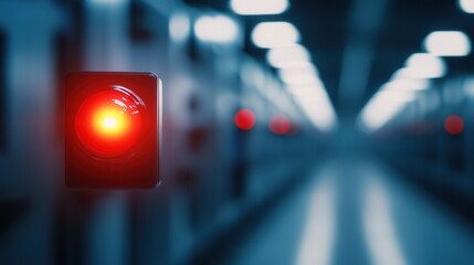 A close-up of a red signal light in a dimly lit environment, conveying a sense of warning or stop in an industrial or transport setting.