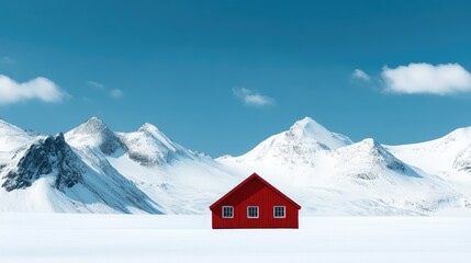 Bright red cabin standing alone on a serene snowy landscape, surrounded by majestic snow-capped mountains under a vibrant blue sky.