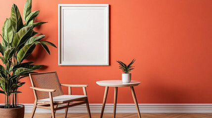 A cozy corner featuring a rattan chair and table against a vibrant orange wall with indoor plants