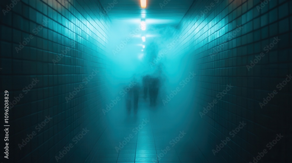 Poster a mysterious, foggy corridor illuminated by soft blue lights, creating an eerie atmosphere with indi