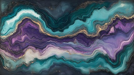 Obraz premium Abstract waves of turquoise, purple, and gold create a mesmerizing fluid art piece.