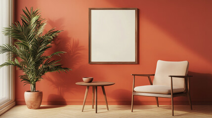 A cozy corner featuring a rattan chair and table against a vibrant orange wall with indoor plants