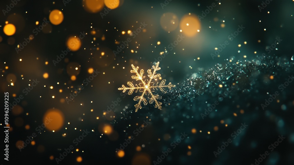 Poster beautiful snowflake on glittery surface surrounded by sparkling bokeh lights creating a magical wint