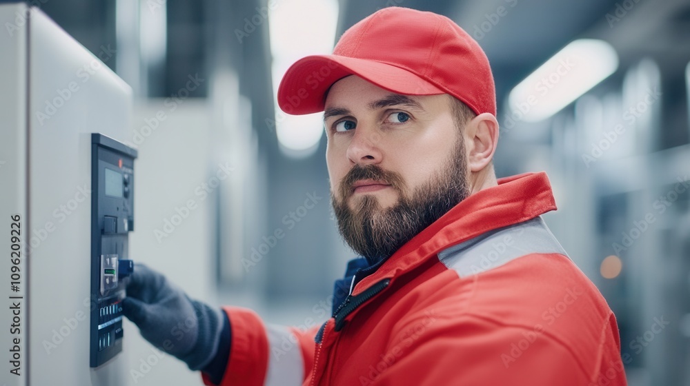 Poster a focused worker in a red uniform adjusts a control panel, showcasing a professional environment and