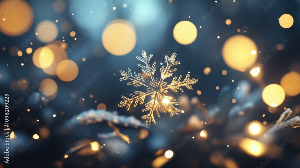 Aufkleber beautiful golden snowflake on a dark background surrounded by soft twinkling lights and sparkling bo