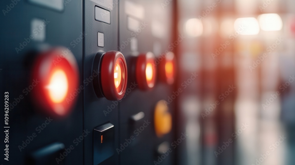 Aufkleber close-up of illuminated control buttons on a panel, showcasing various colors and blurred background