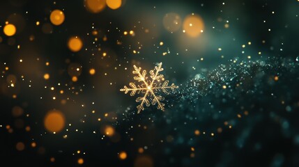 Beautiful snowflake on glittery surface surrounded by sparkling bokeh lights creating a magical winter wonderland atmosphere for festive celebrations.