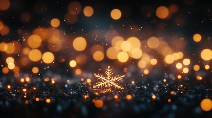 Snowflake Centered on a Dark Background Surrounded by Glowing Golden Bokeh Lights and Soft Sparkles for Winter Wonderland Themes and Holiday Celebrations