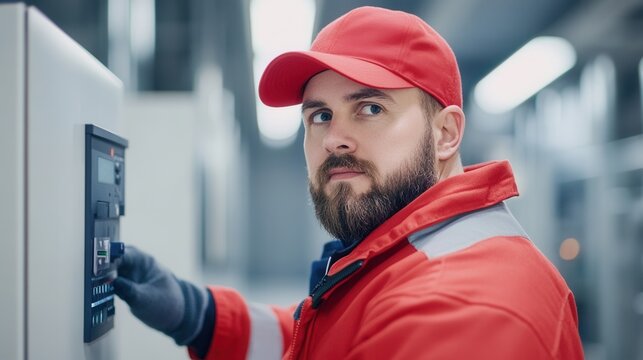 A focused worker in a red uniform adjusts a control panel, showcasing a professional environment and attention to detail.