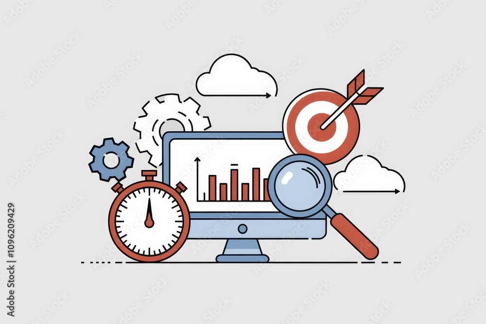 Poster illustration of online business growth with target timer magnifying glass and data.