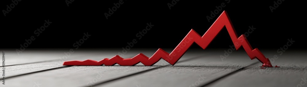 Poster a jagged red line representing a fluctuating graph, suggesting volatility or a decline in data, set 