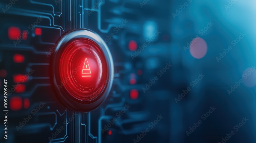 Poster a close-up of a glowing red button against a digital circuit background, symbolizing alerts and tech