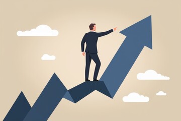 Fototapeta premium Businessman standing on an upward arrow symbolizing growth and success.