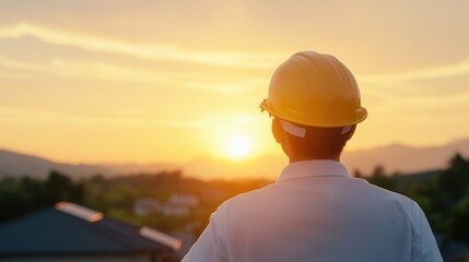 A construction worker in a hard hat watches a beautiful sunset, symbolizing hope and new beginnings.