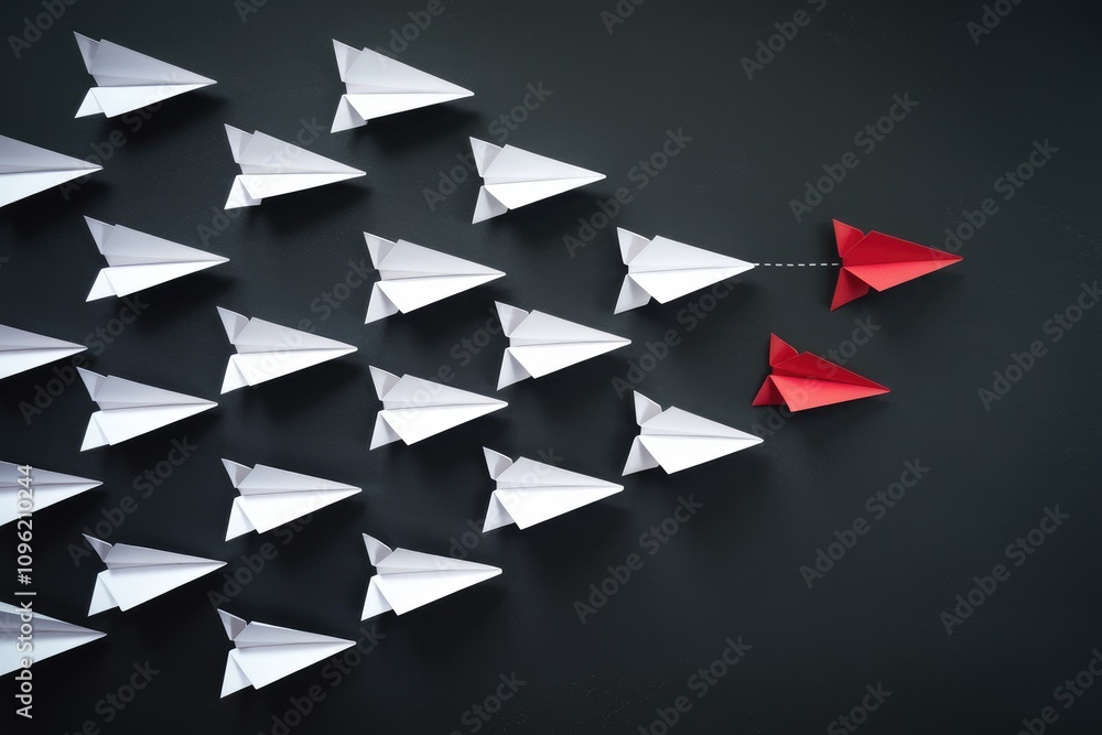Poster red paper airplane leading a group of white planes in a different direction.