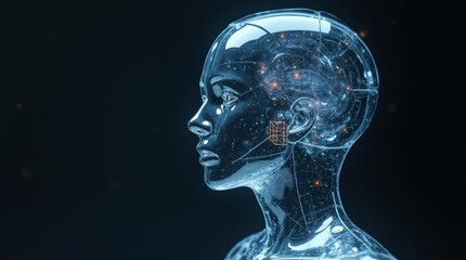 Futuristic Transparent Cyborg Head AI Concept