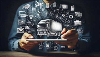 Transport logistics concept with handwritten white truck on abstract dark wallpaper and man hands with digital tablet. 