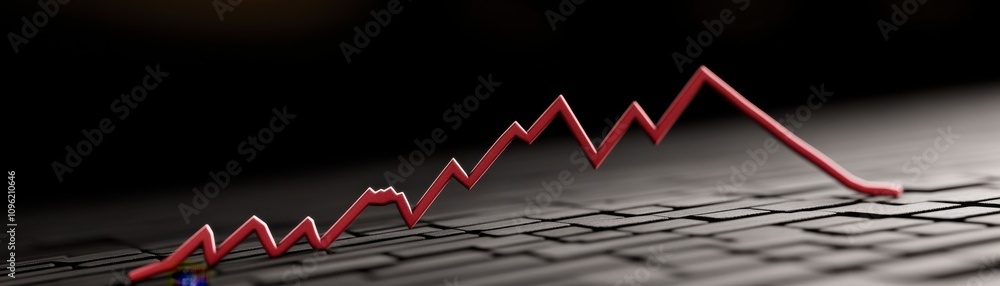 Poster a close-up image showing a red line graph trending downwards on a keyboard, symbolizing a decrease i