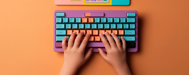 Tiny Fingers, Big Dreams: A child's hands explore the possibilities of a colorful keyboard, embarking on a journey of learning and creativity.