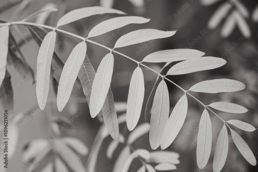 Poster a close up of a branch with delicate leaves in black and white.