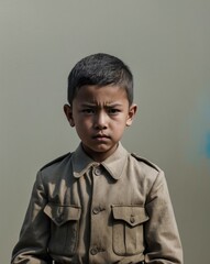 Obraz premium Young Boy Dressed as a Soldier with Serious Expression.