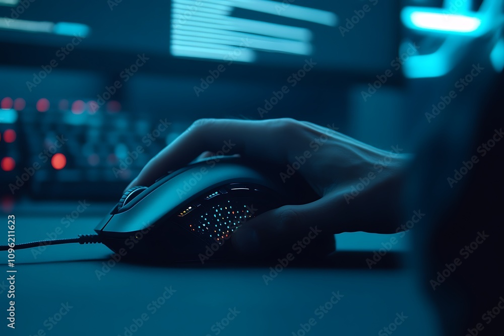 Poster a hand using a gaming mouse in a dimly lit environment with computer screens.