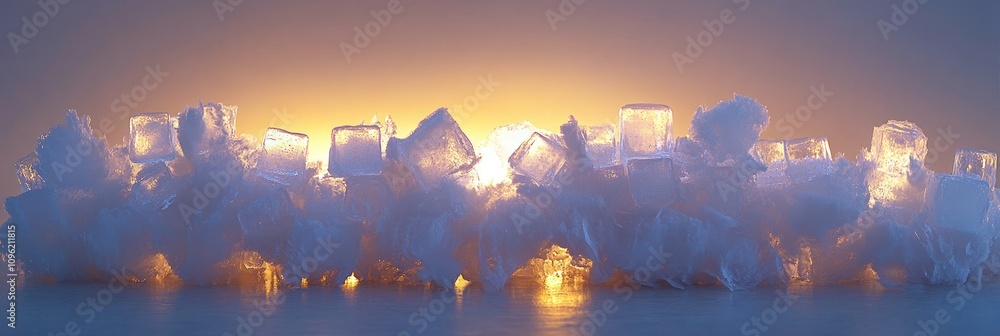 Poster a serene composition of illuminated ice cubes against a soft background glow.