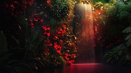 Lush greenery and vibrant crimson flowers cascading from a wall, creating a serene ambiance with a tranquil waterfall and mirrored water surface.