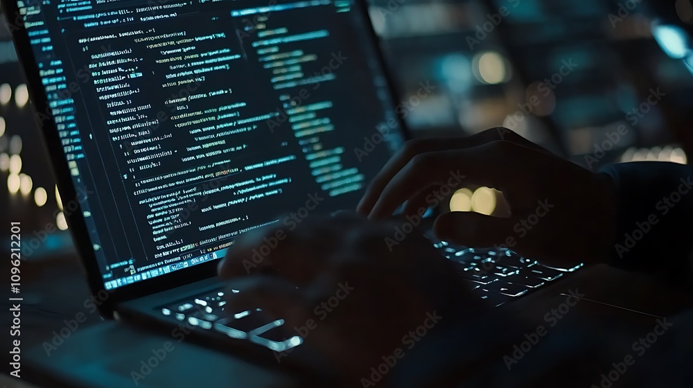 Poster a close-up of hands typing on a laptop displaying code in a dimly lit environment.