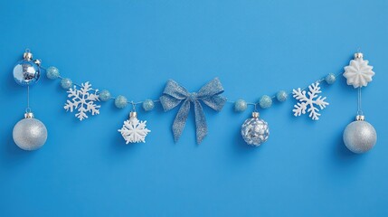 Festive garland featuring snowflake ornaments and a decorative bow against a vibrant blue background, perfect for holiday celebrations.