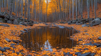 Serene Autumn Landscape with Reflections in Calm Water Surrounded by Vibrant Orange and Yellow Leaves Under a Clear Blue Sky in a Tranquil Forest Scene