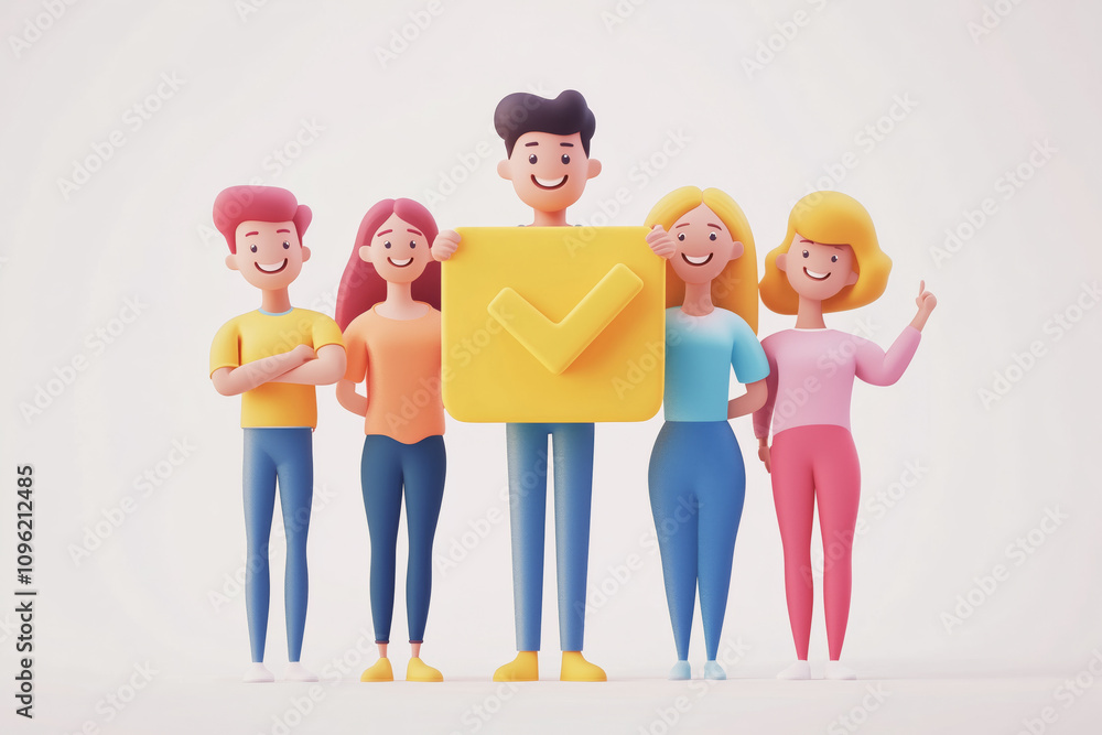 Poster 3d group team with check mark icon vector. isolated on white background. 3d team, teamwork and busin
