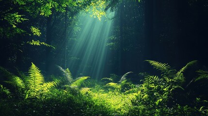 Fototapeta premium Sunlight Streaming Through Lush Canopy in a Dense Forest, Illuminating Green Ferns and Creating a Tranquil, Serene Natural Scene of Wilderness and Harmony