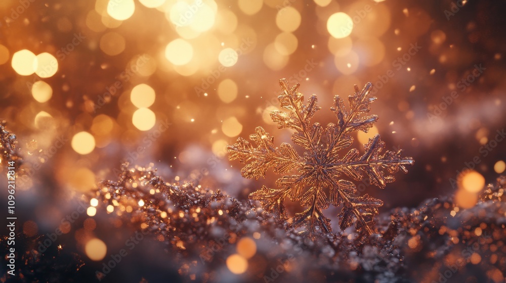 Poster beautiful snowflake on shimmering surface with warm glowing bokeh lights in the background, creating